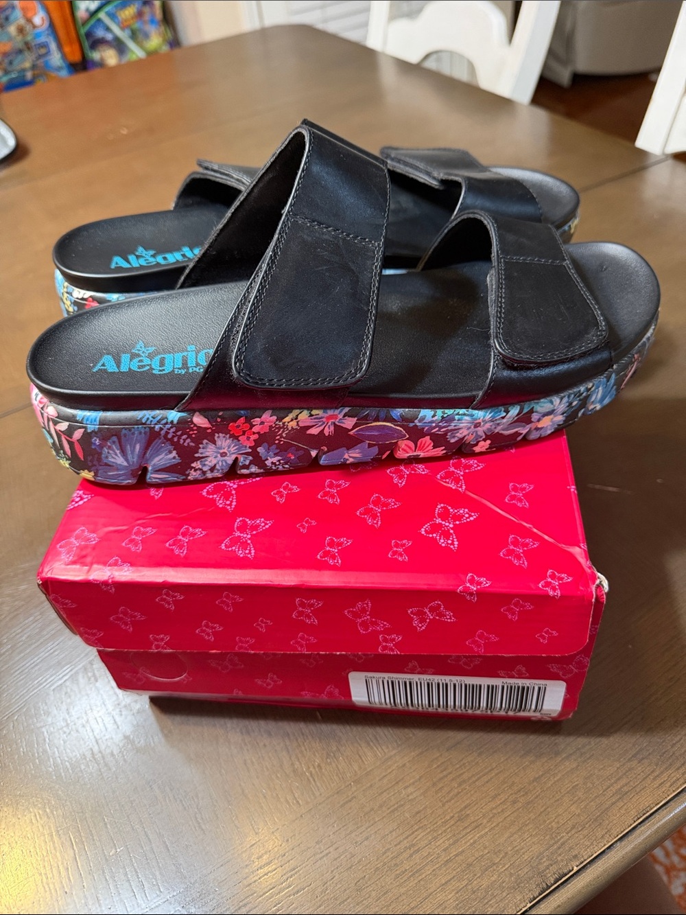 Alegria Kids Black Slide Sandals with Multicolor Floral Platform